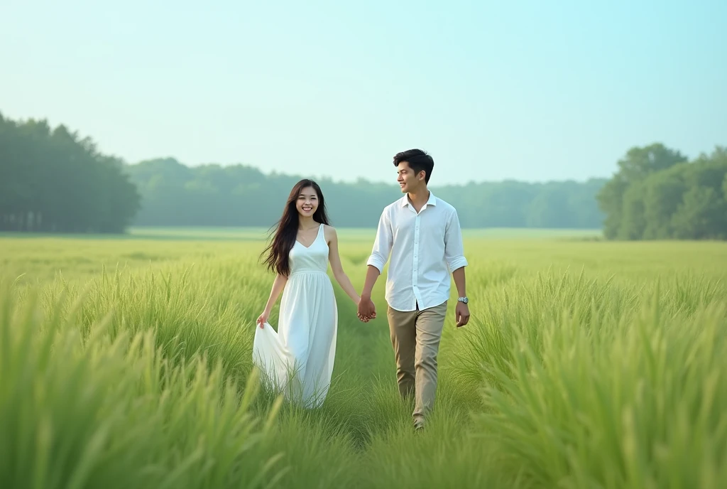 High Resolution, Masterpiece, Accurate, Best Quality, Detail, High Quality, realistic photo. A young 20 years old asian women, long dark hair, white skin, wearing a white long dress, black jeans, height: 155 cm, weight: 45 kg. A 2 man, short straight hair, wearing a white shirt, height: 160 cm, weight: 55 kg. They are walking hand in hand through a vast green field. The man is wearing a white shirt and khaki pants, while the woman has long dark hair. They are both smiling and appear to be enjoying each other's company. The field is filled with tall, green plants, and there are trees in the background. The sky is blue and the overall mood of the image is peaceful and serene.