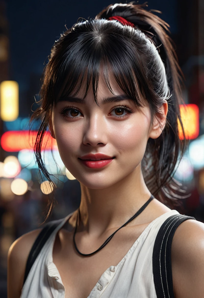 1 woman, inside a city at night, wearing a modest white blouse (feminine dark brown eyes), detailed fair skin, black hair tied in a loose ponytail and messy bangs, she has a thick straight scar that streaks her cheek, dramatic lighting, cinematic composition, dark palette, dark colors, atmospheric haze, thin chin, sarcastic and smiling face, serious face, beautiful woman, adult woman, ultra realistic, adult woman (best quality, 4K, 8K, high resolution, art : 1.2), ultra detailed (realistic, photorealistic, photorealistic : 1.37)(((a woman with white hair tied in a ponytail and black hair tied in a loose ponytail and messy bangs, 1.7)))(((very beautiful))), perfect face, dark and cool palette, 8K, bright red lips, extremely detailed (high quality, realistic, photorealistic : 1.37), ideal proportions and detailed skin and features defined and meticulously crafted, unapproachable beauty, perfection, art, vivid realism, hyper-detailed sculpting, realistic forms, truly awe-inspiring, impeccable craftsmanship, serious facial expression, pure brilliance, ethereal beauty, delicate contours, striking poses, sublime beauty, subtle nuances, dynamic compositions, vibrant colors, perfect lighting, moving expressions, heavenly aura, majestic presence, dreamlike atmosphere, unmatched high level of detail, high-octane rendering on artstation, 8k art photography, photorealistic concept art, volumetric cinematic soft natural light, chiaroscuro, f
