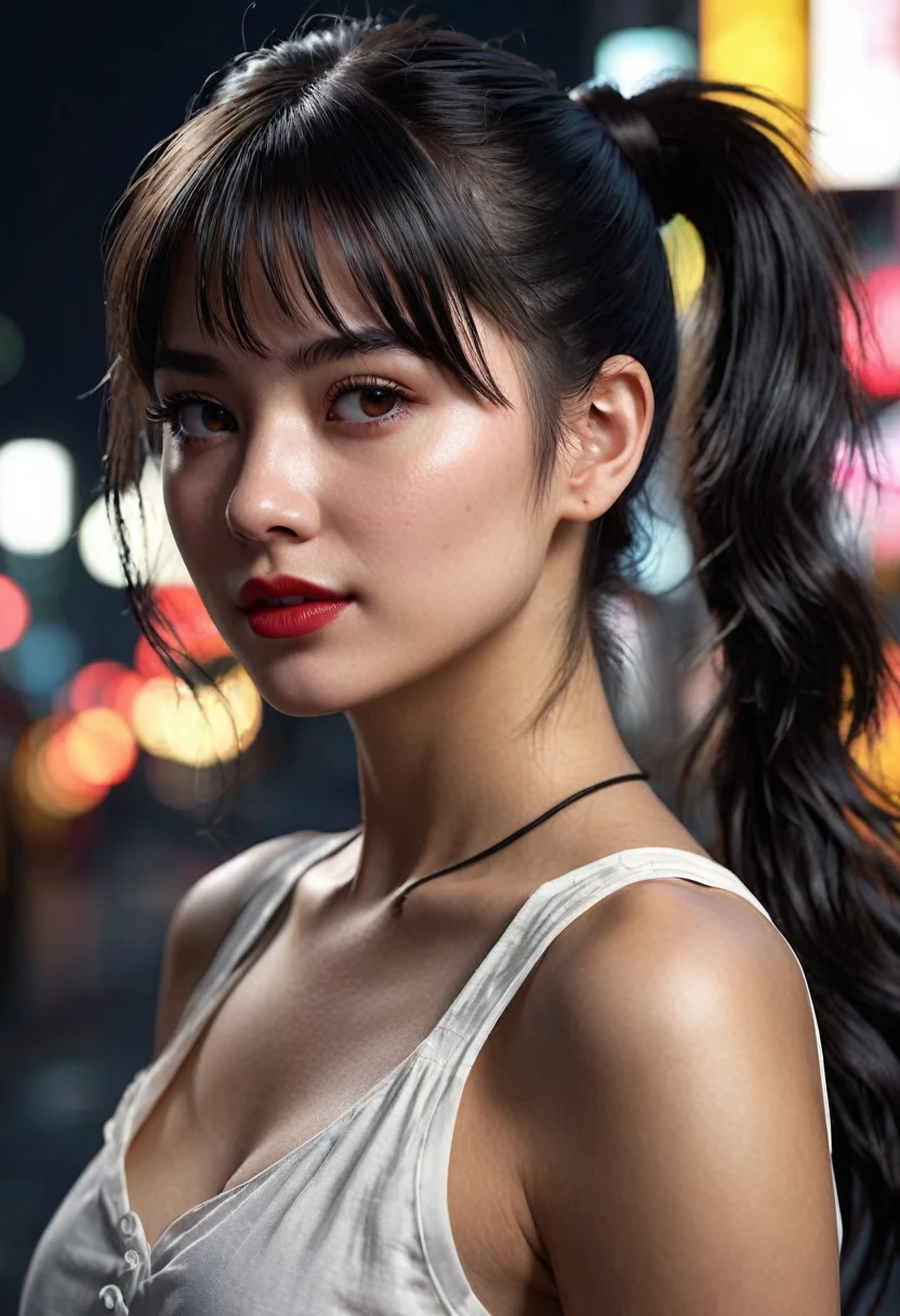 1 woman, inside a city at night, wearing a modest white blouse (feminine dark brown eyes), detailed fair skin, black hair tied in a loose ponytail and messy bangs, she has a thick straight scar that streaks her cheek, dramatic lighting, cinematic composition, dark palette, dark colors, atmospheric haze, thin chin, sarcastic and smiling face, serious face, beautiful woman, adult woman, ultra realistic, adult woman (best quality, 4K, 8K, high resolution, art : 1.2), ultra detailed (realistic, photorealistic, photorealistic : 1.37)(((a woman with white hair tied in a ponytail and black hair tied in a loose ponytail and messy bangs, 1.7)))(((very beautiful))), perfect face, dark and cool palette, 8K, bright red lips, extremely detailed (high quality, realistic, photorealistic : 1.37), ideal proportions and detailed skin and features defined and meticulously crafted, unapproachable beauty, perfection, art, vivid realism, hyper-detailed sculpting, realistic forms, truly awe-inspiring, impeccable craftsmanship, serious facial expression, pure brilliance, ethereal beauty, delicate contours, striking poses, sublime beauty, subtle nuances, dynamic compositions, vibrant colors, perfect lighting, moving expressions, heavenly aura, majestic presence, dreamlike atmosphere, unmatched high level of detail, high-octane rendering on artstation, 8k art photography, photorealistic concept art, volumetric cinematic soft natural light, chiaroscuro, f