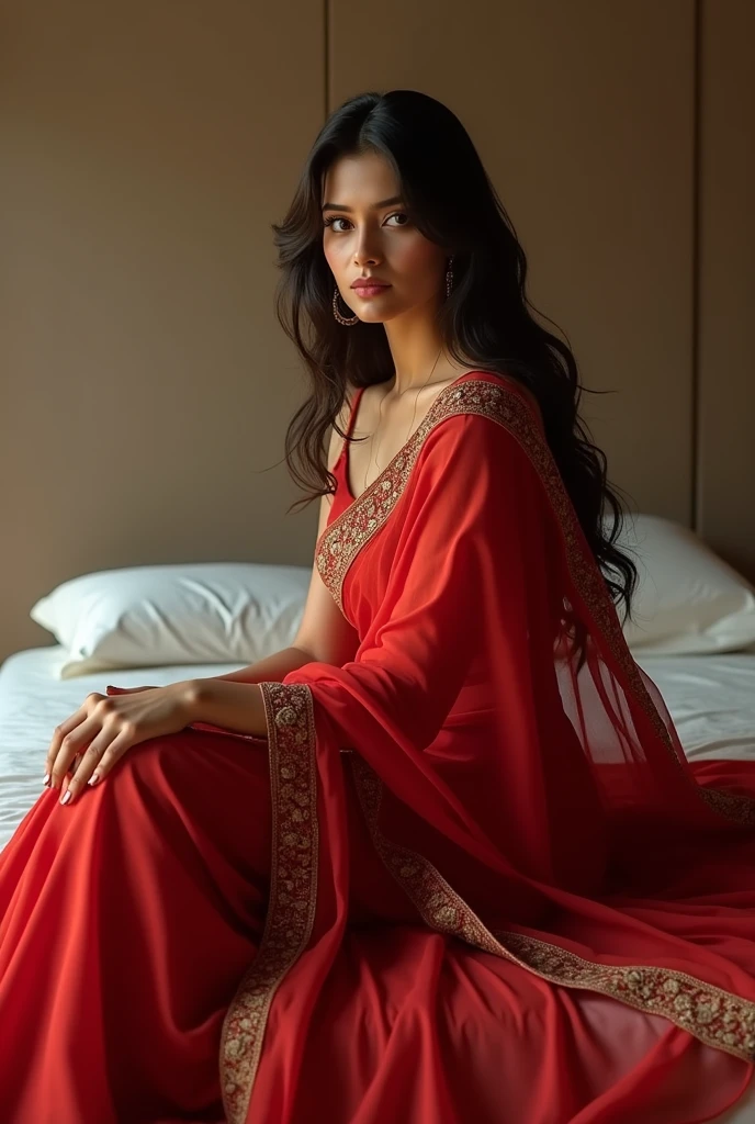 (photorealism:1.2), beautiful woman, sitting on bed with red saari
