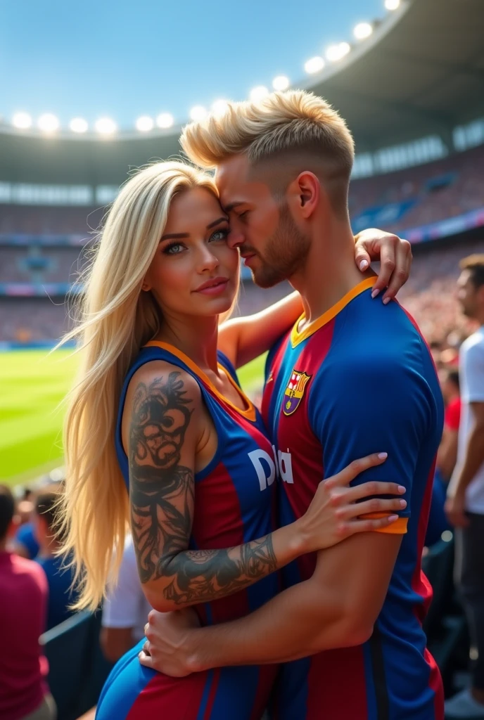 A beautiful blonde woman with long straight hair,very realistic blue eyes with the Fortaleza team shirt in blue with red and white, with tattoo on the arms, with big breasts , in the audience of the football field with other people And a handsome man with light eyes , light tan , of platinum blonde hair, with the Fortaleza team shirt, realistic pumped body , kissing her