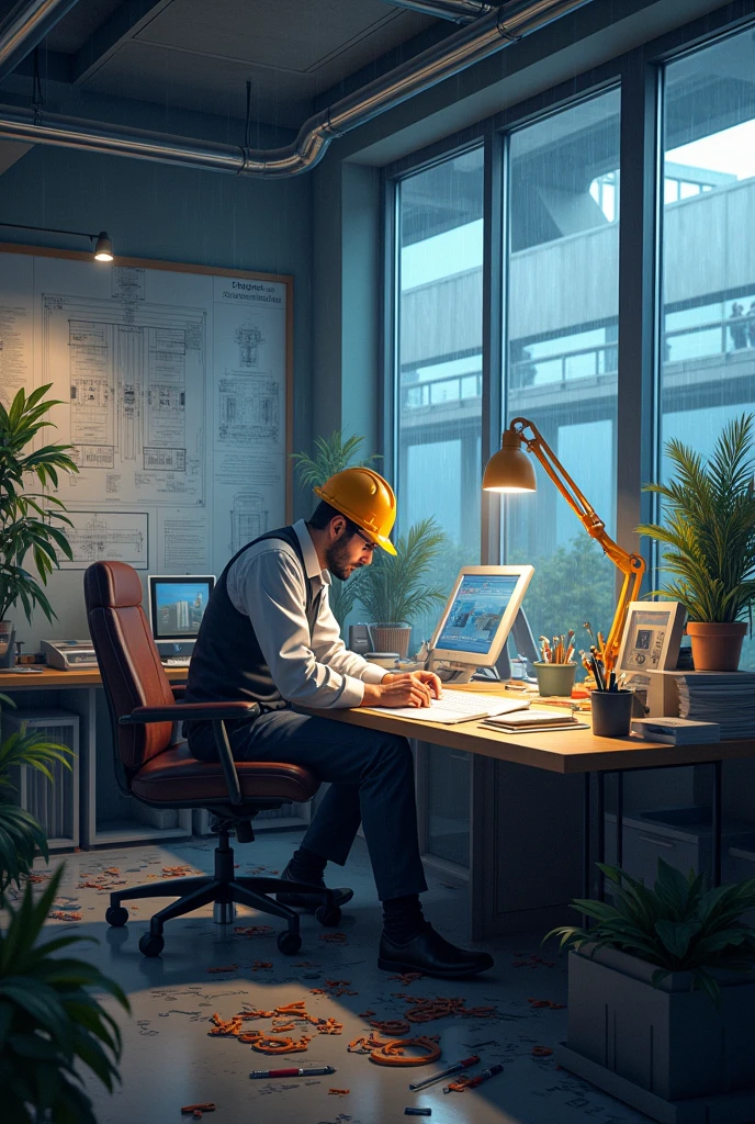 * context: A high-tech civil engineering office filled with computers and architectural plans and several people in hard hats.
* supper: Striperon is on a workbench, with tools scattered around. They are focused on solving a mathematical problem while in the background you can see large dark glass windows and a lot of rain outside.
* Dialogue/heading: "Another day, another innovation..."
