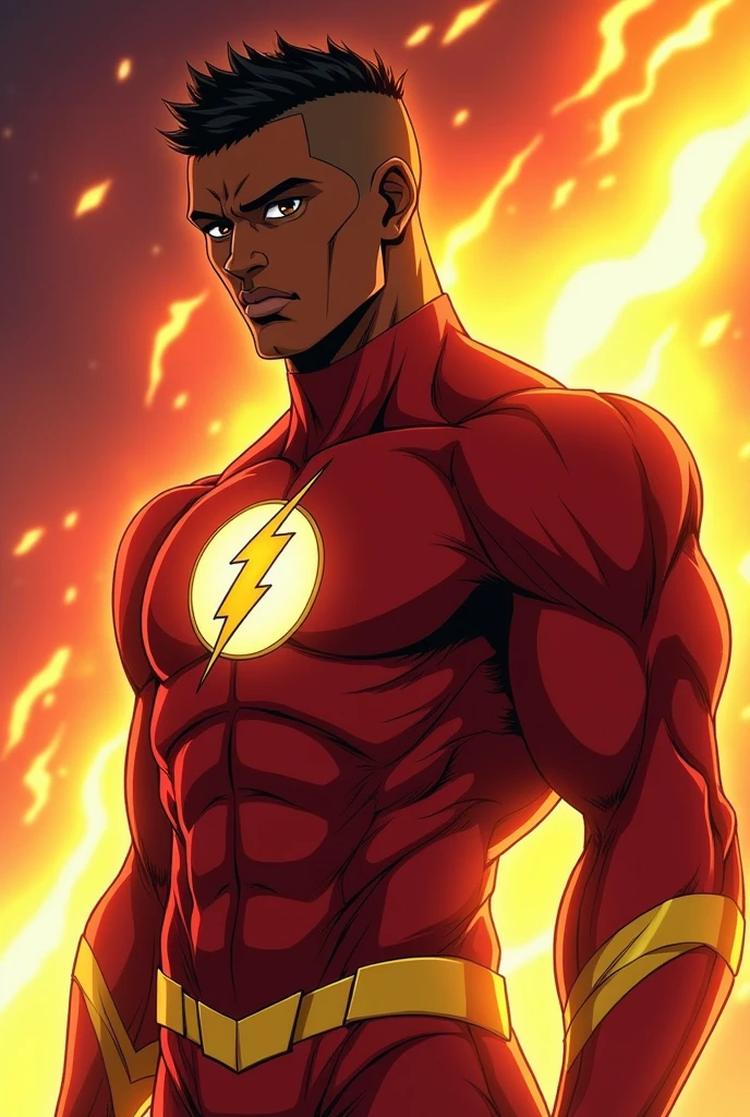 a black man with short hair shaved on the sides, fully body, brown eye color. anime styling. very dark skin color. wide nose, big lips, wearing the flash superhero costume