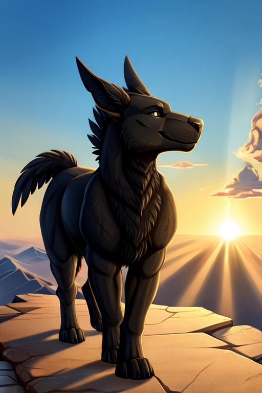 a black griffin roaming the skies, (time_immemorial_scenery), sunny_sky