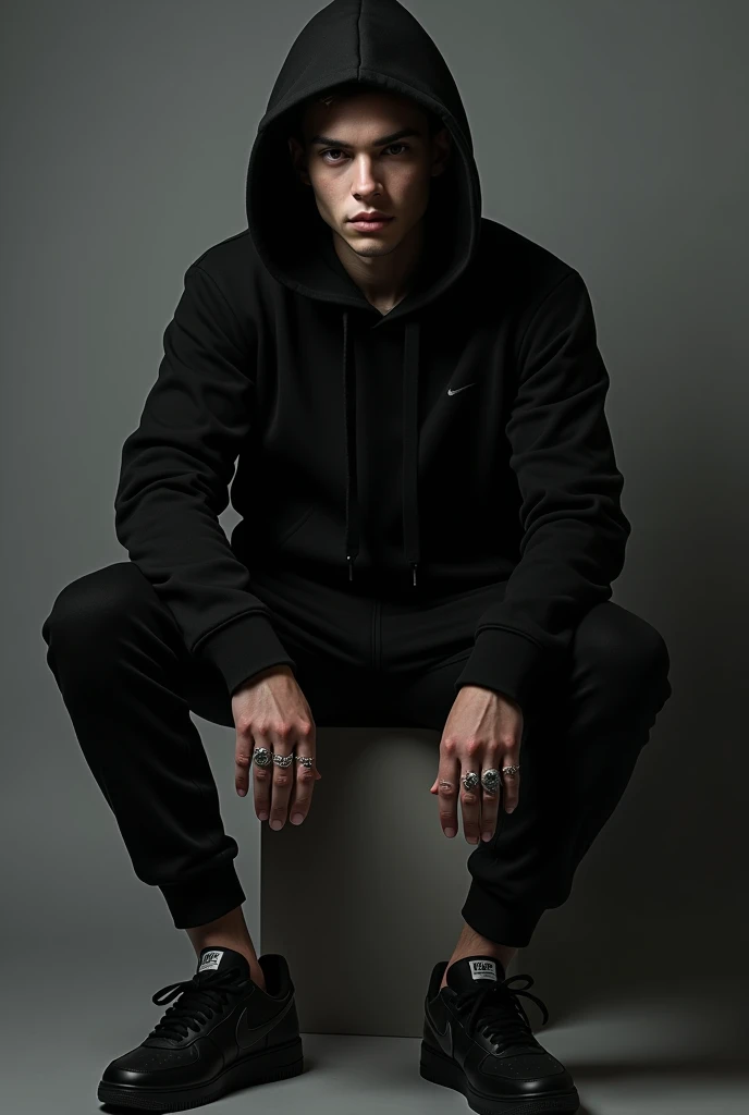 Black boy. At the age of 20. Pale beauty, cool, mroczna, mysterious. Dark circles under eyes. Without beard. Dressed all in black with a hoodie, dresy, buty Nike. Na  palcach sygnety. Wysoki.