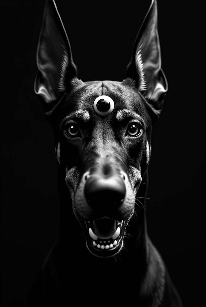 Angry Doberman in black and white style with third eye and eyes without pupils Only head is visible