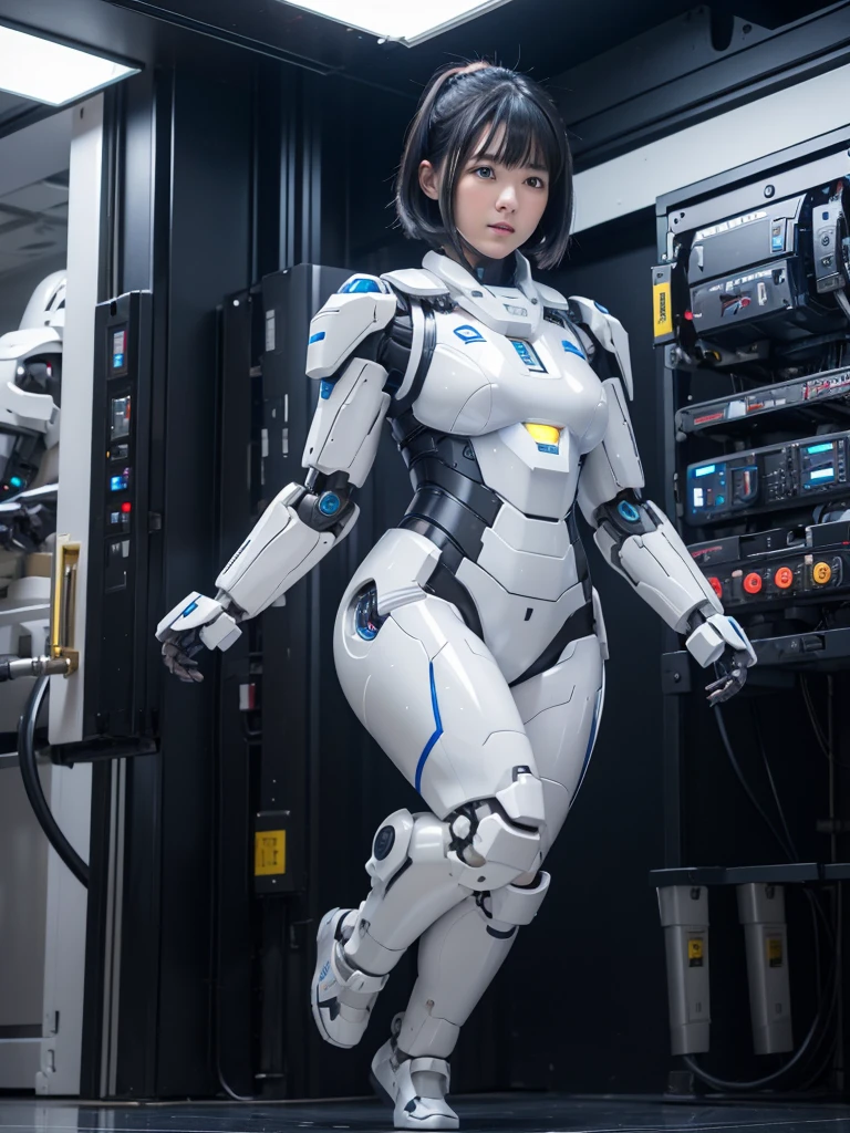Japanese female android,Black Hair,Suspended from the ceiling with feet floating,Plump,Slightly thicker,White robot suit,There is a control panel on the chest.,Robotic arms and legs,A room filled with machines,
