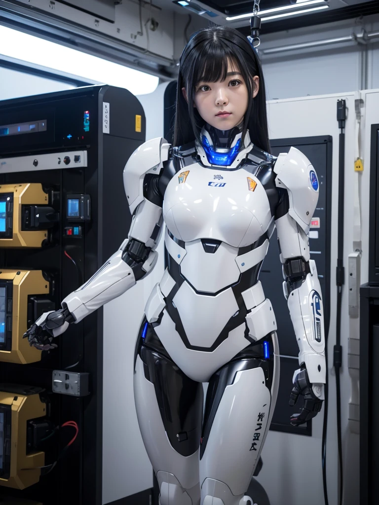 Japanese female android,Black Hair,Suspended from the ceiling with feet floating,Plump,Slightly thicker,White robot suit,There is a control panel on the chest.,Robotic arms and legs,A room filled with machines,