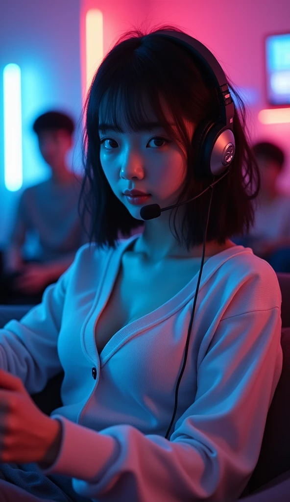1girl,solo,27years old, realistic skin, 165cm height,57kg weight,bob hair,japanese,Rough skin,(looking at viewer:1.2),playing game,on a couch,head set,cleavage,no pants,curvy,beautiful face,beautiful,master priece,photo realistic,lights from TV,figures in the background,neon lights in the background,tight long sleeve cute designed sweat shirt,gamer vibe lights,glasses,no bra