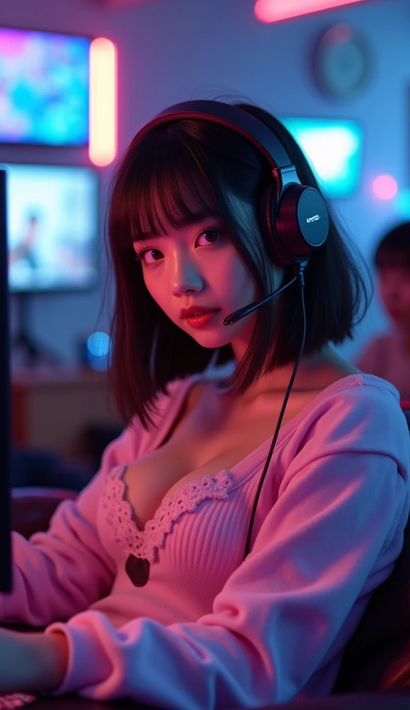 1girl,solo,27years old, realistic skin, 165cm height,57kg weight,bob hair,japanese,Rough skin,(looking at viewer:1.2),playing game,on a couch,head set,cleavage,no pants,curvy,beautiful face,beautiful,master priece,photo realistic,lights from TV,figures in the background,neon lights in the background,tight long sleeve cute designed sweat shirt,gamer vibe lights,glasses,no bra