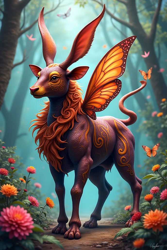 Generates an alebrije with a bull's body, rabbit ears, a lion's tail, and butterfly wings
