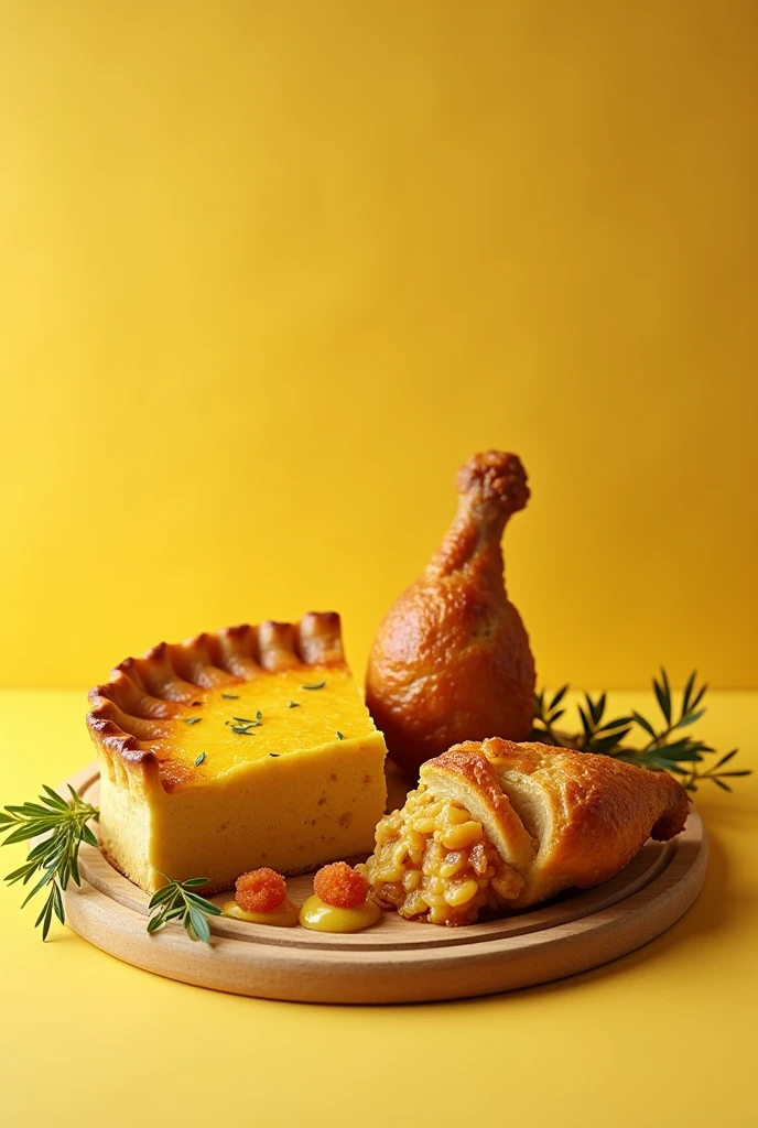 A spread of a slice of savory pie and chicken drumstick.
For a yellow team