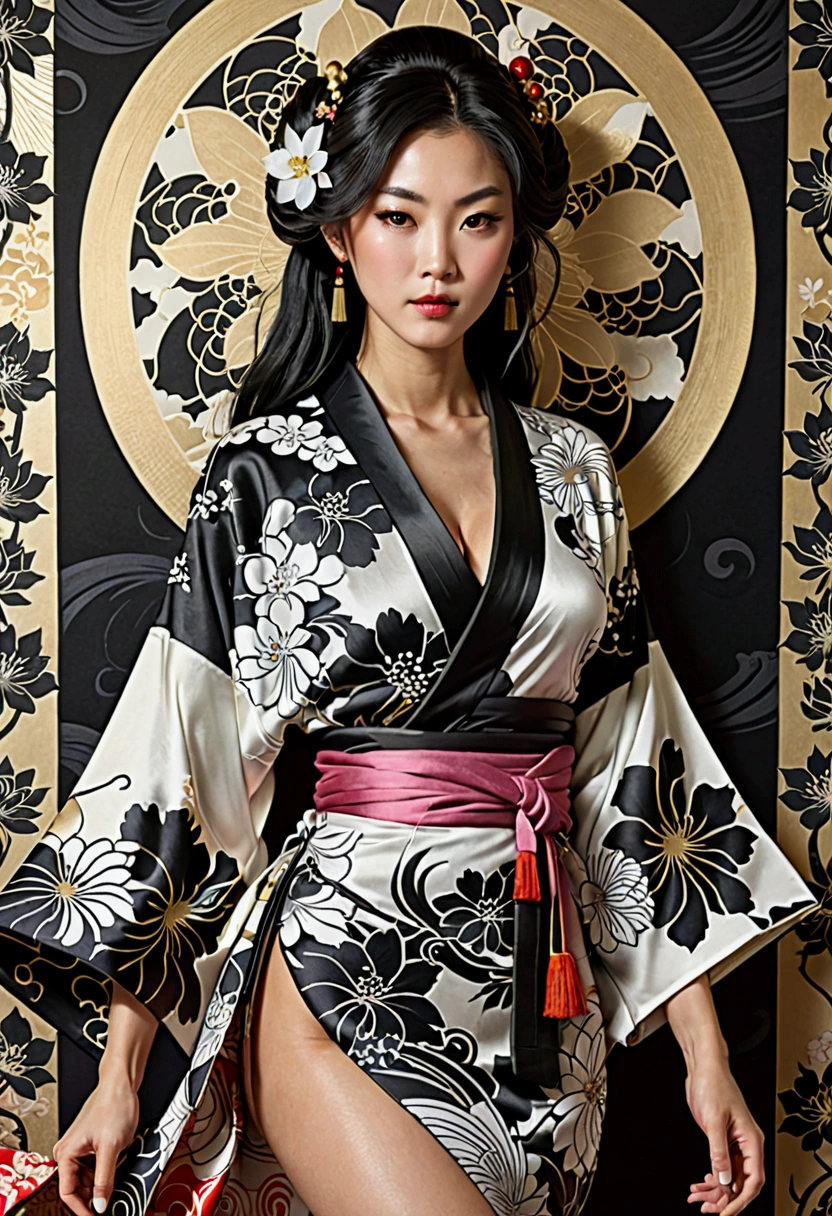 tarot card, Wait warrior sexy, pretty face, Delicious Company, Alluring figure, Wearing a sexy open kimono. The artwork is created in a medium reminiscent of Japanese ink paintings....., Features bold brushstrokes and a Monochromatic color palette. Artist'Masterful technique reveals the intensity and power of the image'sense of presence,with the highest quality, Perfectly capture every detail with ultra-high resolution. Textures and intricate patterns on kimonos are rendered with extreme precision. Lighting is carefully designed,Enhance drama, Features deep shadows and subtle highlights. general, The artwork exudes elegance and power, Combining traditional Japanese aesthetics with a modern feel. Monochromatic color palette, Combine details, Create captivating and immersive experiences for your audience.