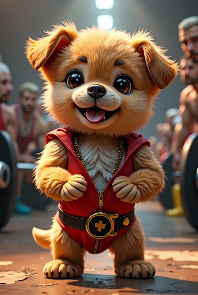 puppy　cute　Bodybuilder costume　Background of the venue　Real