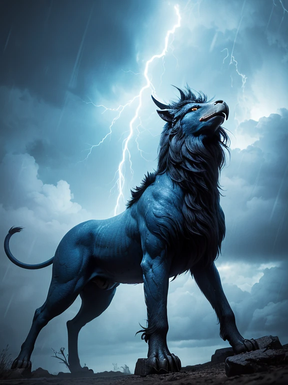 best quality, masterpiece, (A giant blue Mythological rain Griffin stands on two legs and duels with a Giant black Mythological storm Griffin :1.5)、(Griffin has the wings and upper body of an eagle.、With the lower body of a lion)、The moment when they shoot beams from their mouths、Golden Ground、Several large, rugged rocks stand tall in the field.、(low angle:1.3)、(Front lighting)