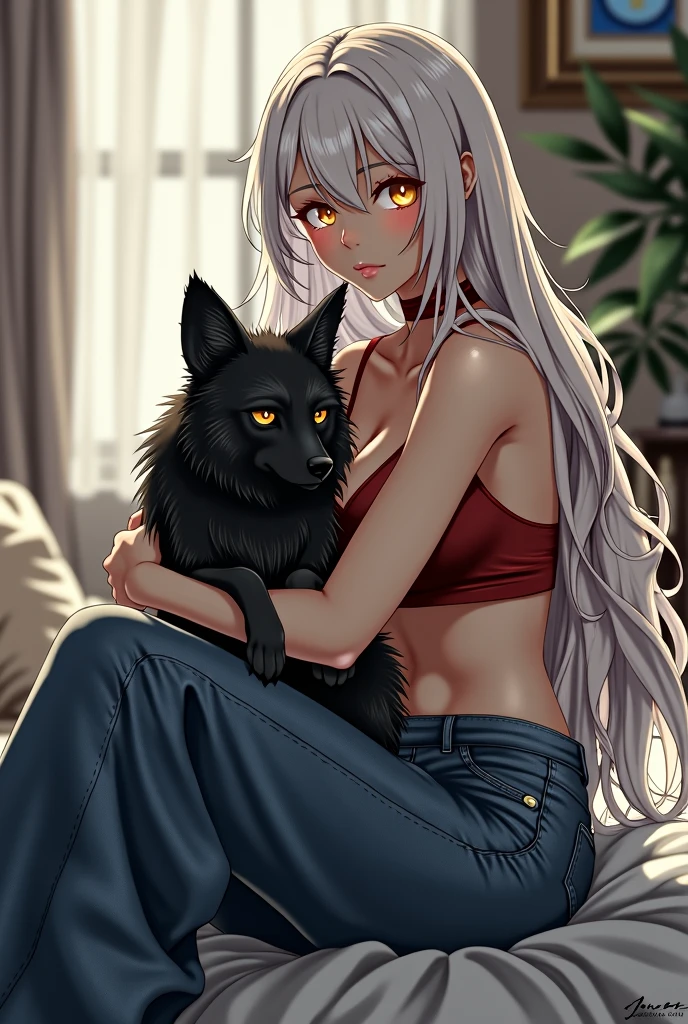  Woman with long loose semi wavy white hair sitting on a bed with her legs crossed with golden eyes, dressed in a red bra and loose jeans holding a black jackal in her arms lying on her back with its paws up, on the girl&#39;s face in anime style