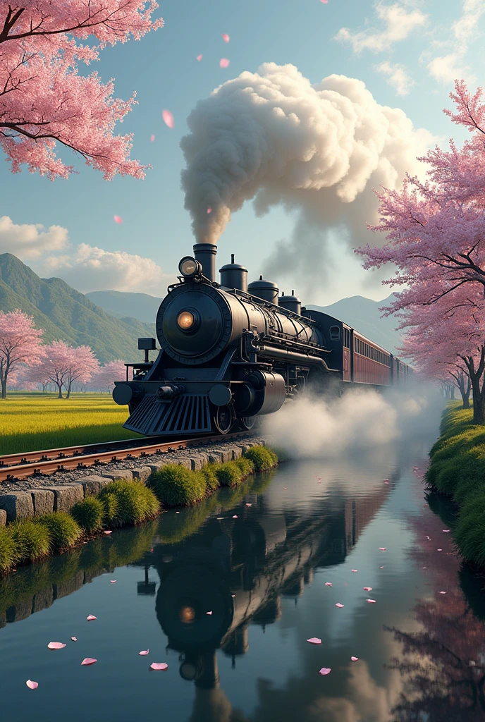 Absurd, High resolution, Super detailed, beautiful, masterpiece, Highest quality、reflection、Realな質感、Realistic、Real、Realistic、Blur、steam locomotive、Running along the tracks、Spiral track、cloud、Cherry blossom trees、SakuraFubuki、Realな蒸気、Vast rice fields、stone bridge、