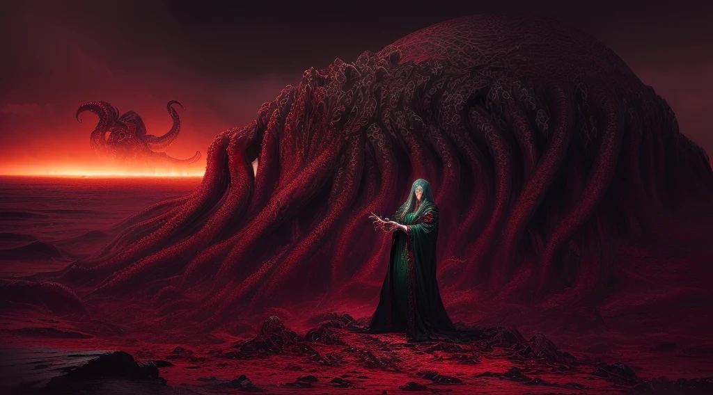 (((Cthulhu Mythos))),((Blood,Bloody)),Best quality, Masterpiece, A high resolution,extremely detailed CG wallpaper, (Black tentacles),(blood vess),kesulu