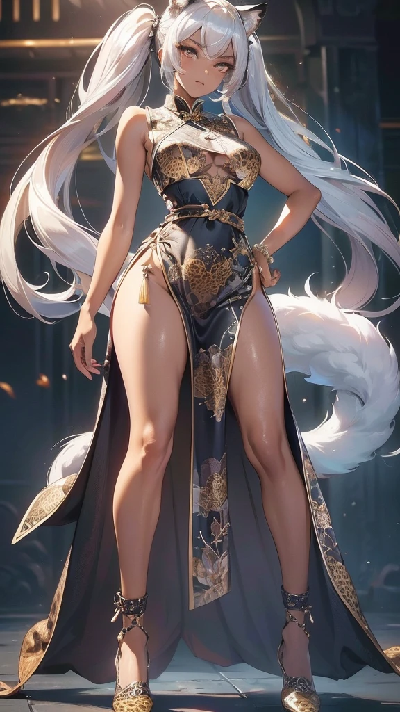 (dark skin),Silver Hair,((Fox Girl)),(Perfectly detailed face),(Young),twintails,((fine cloth texture, sleeveless leopard print cheongsam, slit at waist)),(wedgie),spread legs,High quality,Ultra detailed, best quality,insanely detailed,beautiful,masterpiece,((highly detailed cheongsam,highly detailed beautiful eyes,highly detailed beautiful face)),super detailed skin,full body,from below