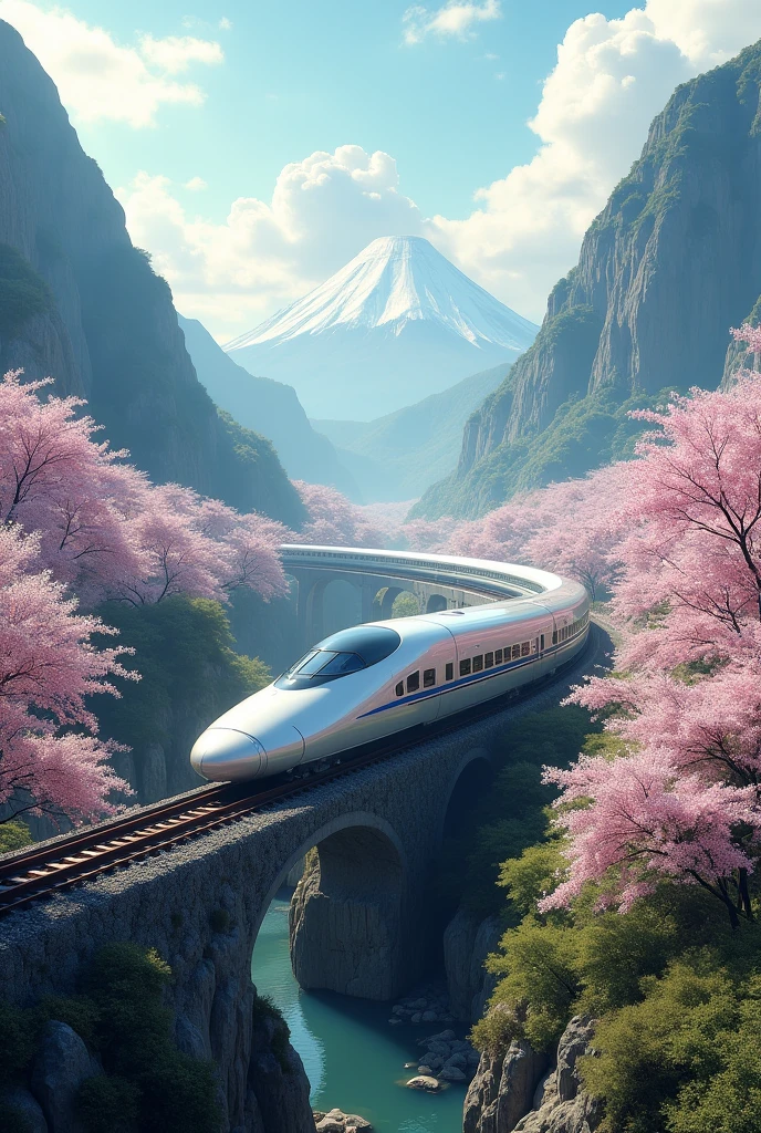Absurd, High resolution, Super detailed, beautiful, masterpiece, Highest quality、reflection、Realな質感、Realistic、Real、Realistic、Blur、Shinkansen Kodama、Running along the tracks、Spiral track、cloud、Cherry blossom trees、SakuraFubuki、Realな蒸気、Fuji Mountain、river、Mountain stream、
