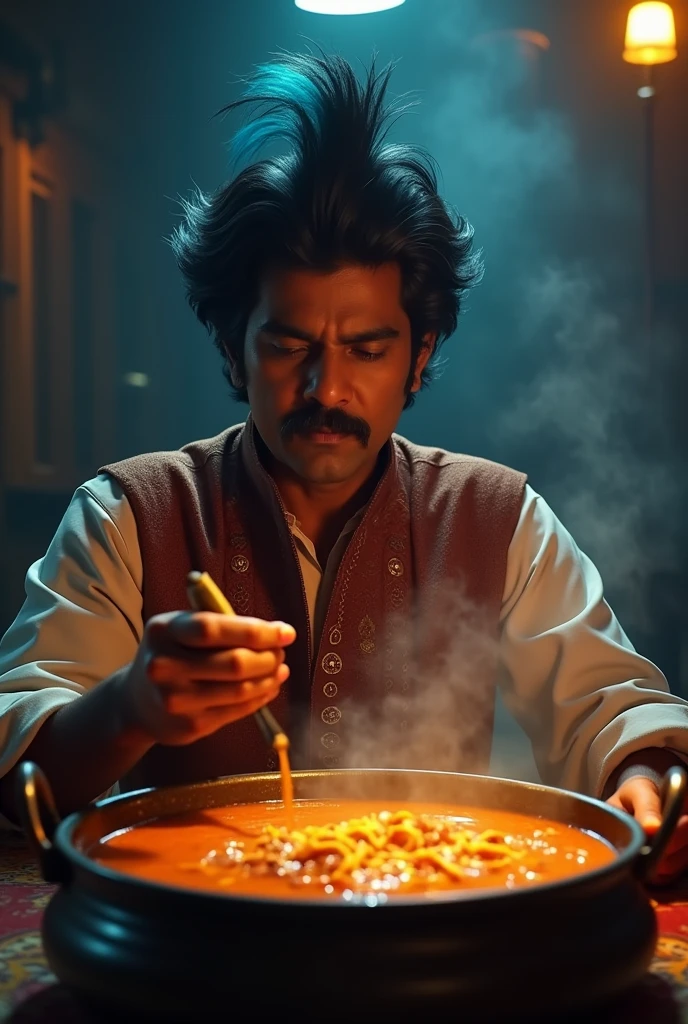 1 indian man with a mustache and a black wig with blue ends is eating indian food out of a big cauldron in a dark room