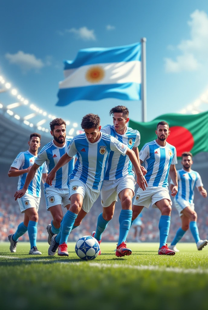 A ten man Argentina fen with a football and baground Argentina flag pluse bangladesh flag 