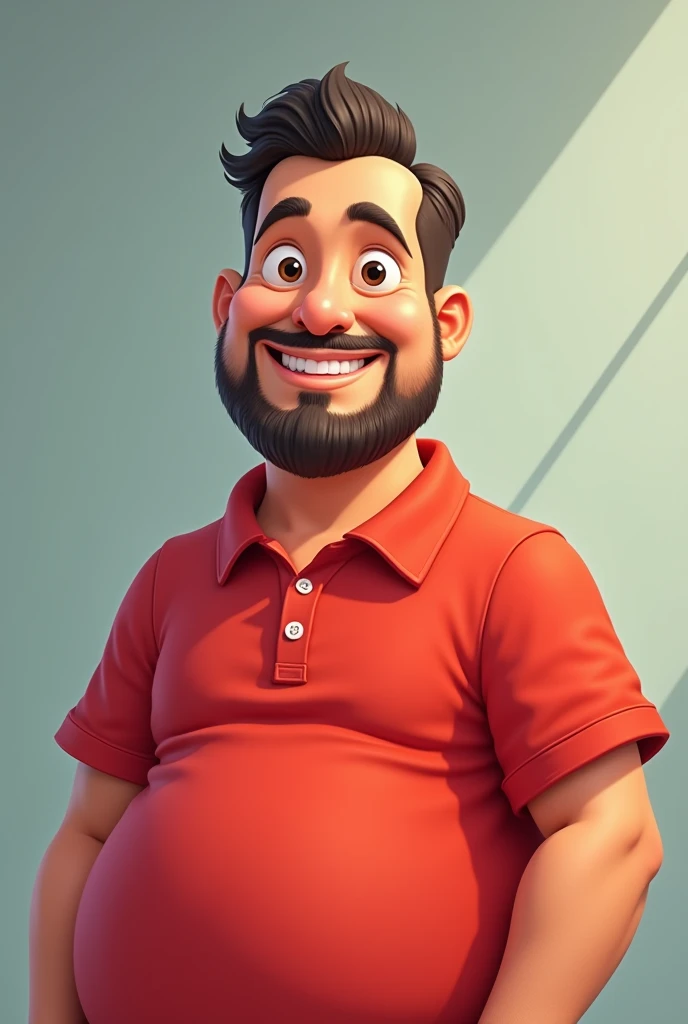 Waist-length cartoon of a Lebanese Mathematics Professor. Man with short straight hair, medium belly, smilling face, red polo shirt and very small beard 