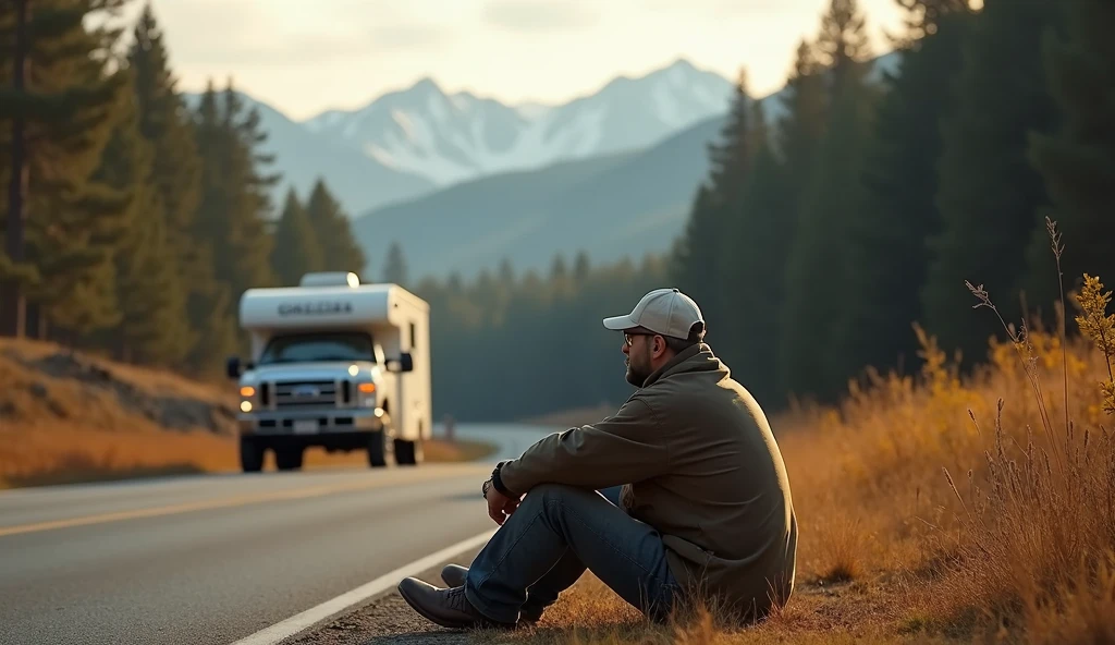 My story begins on the open roads. A middle-aged man sits on the side of the road, facing us, stocky, in a baseball cap - a connoisseur of freedom, who likes the feeling of endless space in front of him. There is a pickup truck with a camper trailer nearby., in the background of which forest and mountains are visible.| soft, Unobtrusive lighting; Dreamy and surreal composition | Sony и A7R IV с объективом Sony Fe 85 мм F/1,4G | clear picture of details; Smooth background transition -AR 9:16 -тип исходного материала -stylize 75 -stop 90 -in 6.1