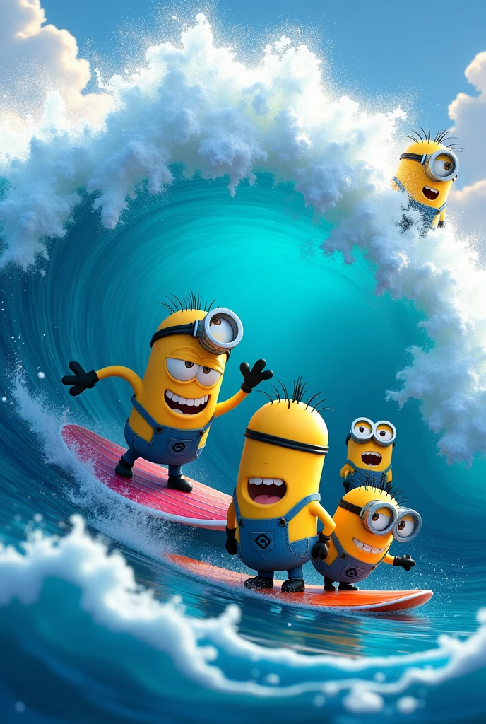 minions surfing a cartoon-style blue wave and making fun of the wave