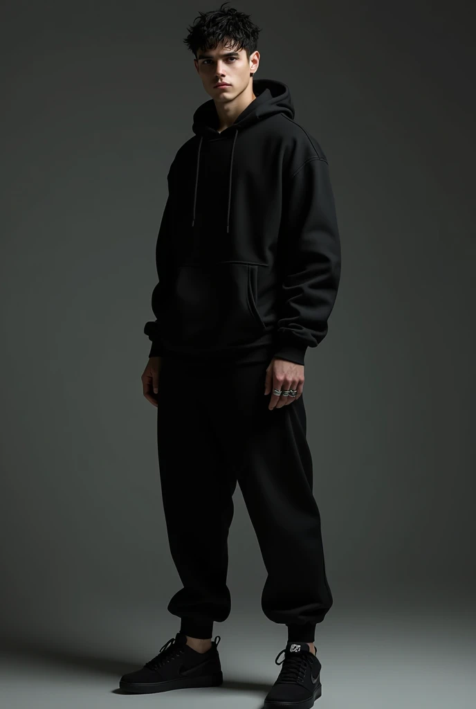 Mroczny chłopak. At the age of 20. Bright pale beauty, cool, mroczna, mysterious. Dark circles under eyes. Without beard. Dressed all in black with a hoodie, dresy, buty Nike. Na palcach sygnety. Wysoki.