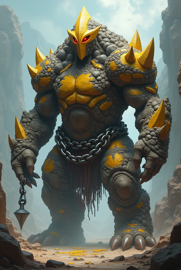 Guldar is a colossal being, a mythological creature with a body covered in rocks and natural armor. His head was shaped like a giant arrowhead, and his red eyes shone with an intense light, as if they were living forges. His shell was mixed with boulders, earth and small bright yellow rocks. He carried with him a large steel chain with a ball of spikes on the end.