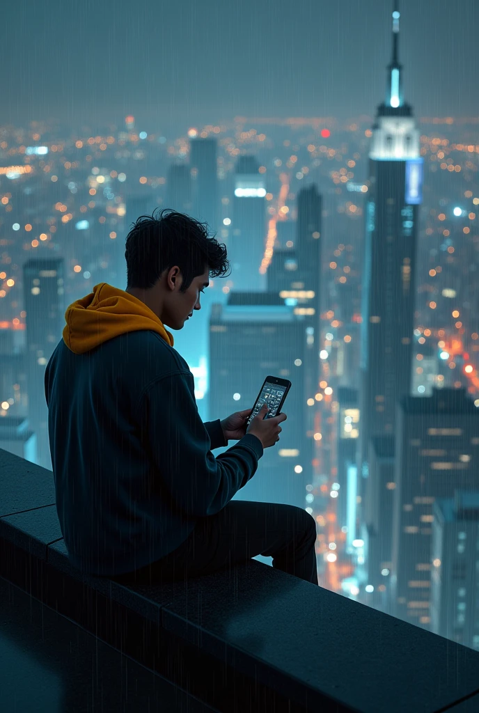 A man with a hoodie and a yellow shirt and black pants, sitting on top of a building looking back to the camera at how big and full of light your city is, with rain and he without an umbrella, at night and using my cell phone