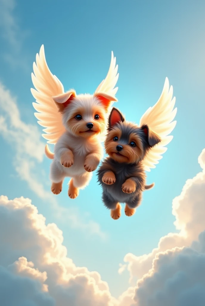 My two Yorkshire puppies together in the sky reuniting with wings and me looking at them.
A Yorkshire with lighter fur and another with dark fur, adults