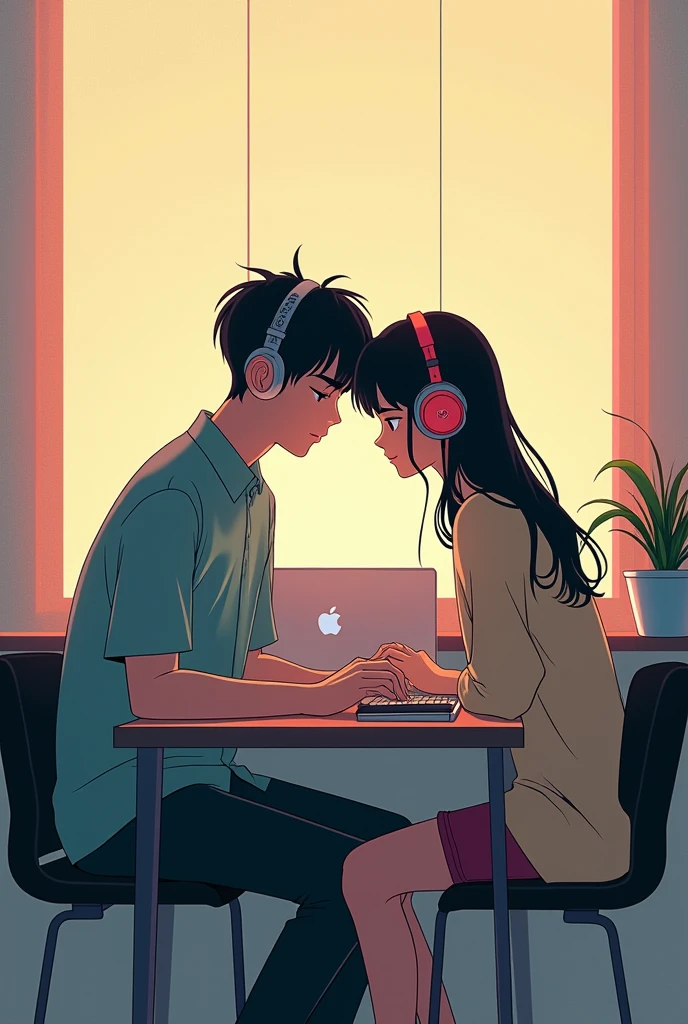 a straight stratight couple anime character sitting at a desk with a laptop and headphones, an anime drawing inspired by Satoshi Kon, trending on cg society, neo-fauvism, lofi couple, lofi artstyle, lofi art, lofi girl aesthetic, lofi feel, satoshi kon artstyle, lofi colors, in the art style of 8 0 s anime