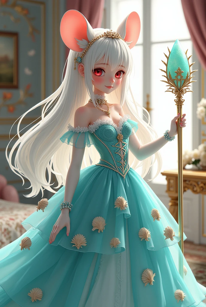 (best quality,4k,8k,highres,masterpiece:1.2), ultra-detailed, Pretty albino girl has a princess of the sea, drawn in 2D anime style, steampunk, wearing a iridescent turquoise princess gown with puffy sleeves, steampunk, gorgeous frilly dress design,flowing gown, elaborate lace details,rich textures,contrast stitching,delicate ribbon bows, seashells embroidery, full skirt with ocean wave pattern,short sleeves,fitted waistline,translucent flowing layered sleeves,lace-up back,luxurious fabrics,flawless silhouette, very long curly white hair adorned with hair accessories, red eyes, white fur, smiling, mouse ears and tail, ribboned high heels, white elbow evening gloves, pearl bracelets, tiara made of seashells, beautifully detailed lips with lipstick, long eyelashes, eyeshadow, seashell necklace, in a castle bedroom with intricate decoration and luxurious furniture, flower wallpaper, she is holding a magic staff made of seashells and pearls.