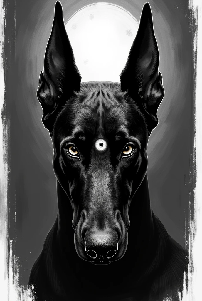 Evil Doberman in black and white style with third eye and eyes without pupils Only head is visible Need more mystical
