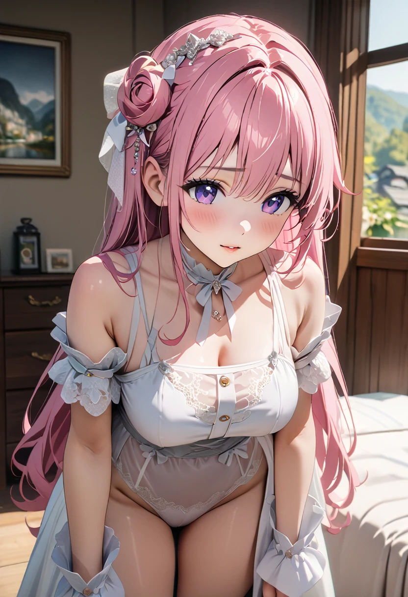 (Highest quality, 4K, 8k, High resolution, masterpiece:1.2), Very detailed, Picturesque, Anime style photo, Photo Anime:1.37)、a beautiful girl、(pink hair)、(long  hair)、white lily Hair Ornaments、white wings、standing、On the bed room、White lace underwear、body forward、Doroty