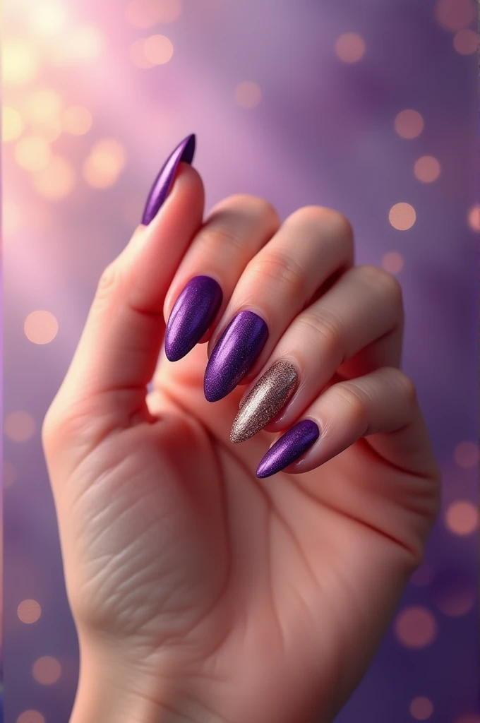 Purple into gold, medium almond nail design