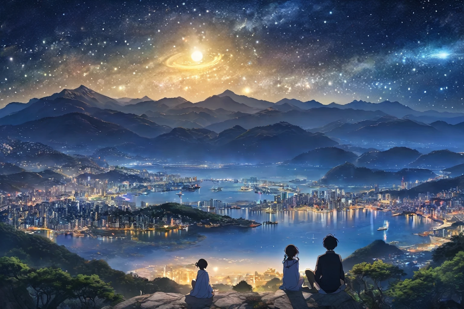 (8k、RAW Photos、highest quality、look up:1.2、masterpiece:1.2、Genuineistic、Ultra-high resolution、High Contrast、Photon Mapping、Genuine、Very detailed、Official Art, RAW Photos、professional Lighting、 Light、Vivid atmosphere、twiceLight) title: 「Starry sky sounds」 explanation: These 8k RAW Photos are、Highest quality and very detailed background、私t depicts a girl looking up at the night sky.。 The landscape spreads in the background、Beautiful stars in the night sky々And the nebula is shining。The sun goes down、At the foot of the mountains the sea spreads、Regional cities without skyscrapers are expanding.。、私t depicts a girl lost in thought while looking at the stars.。The city seen from where you sit、The Lights of each house shine beautifully、The Light on the ground and the glow of the night sky create a beautiful contrast.。 This anime scene、A beautiful depiction of the girl's night view.、私t expresses the moment when she finds the star of hope while looking at the stars.。
