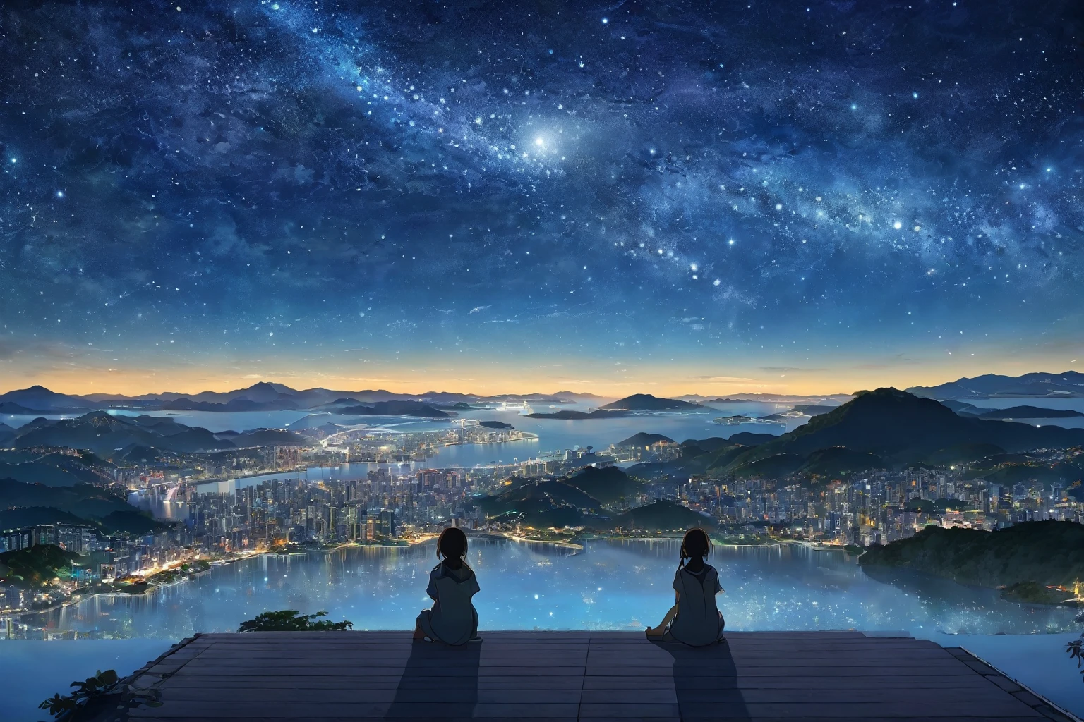 (8k、RAW Photos、highest quality、look up:1.2、masterpiece:1.2、Genuineistic、Ultra-high resolution、High Contrast、Photon Mapping、Genuine、Very detailed、Official Art, RAW Photos、professional Lighting、 Light、Vivid atmosphere、twiceLight) title: 「Starry sky sounds」 explanation: These 8k RAW Photos are、Highest quality and very detailed background、私t depicts a girl looking up at the night sky.。 The landscape spreads in the background、Beautiful stars in the night sky々And the nebula is shining。The sun goes down、At the foot of the mountains the sea spreads、Regional cities without skyscrapers are expanding.。、私t depicts a girl lost in thought while looking at the stars.。The city seen from where you sit、The Lights of each house shine beautifully、The Light on the ground and the glow of the night sky create a beautiful contrast.。 This anime scene、A beautiful depiction of the girl's night view.、私t expresses the moment when she finds the star of hope while looking at the stars.。