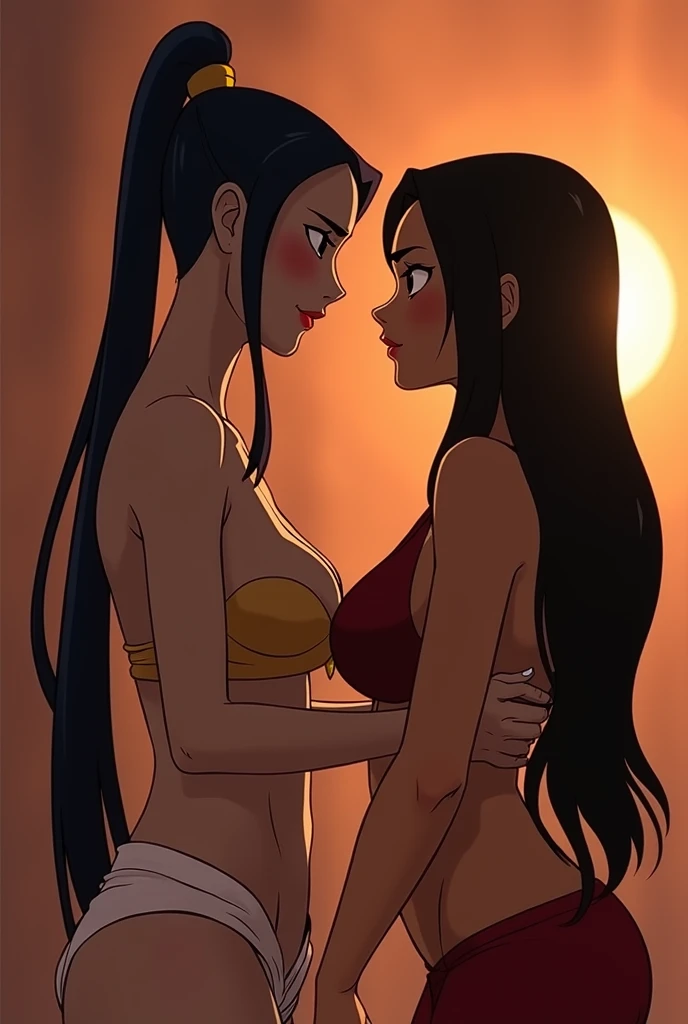 Azula and katara from avatar the last airbender but all of them are naked, looking at me with a seductive look