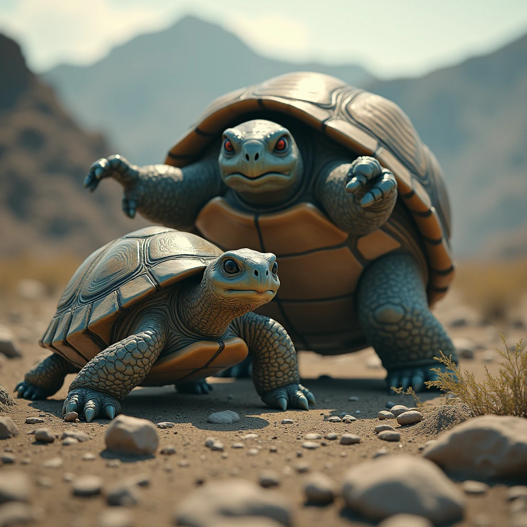Realistic turtle and blastoise pokemon), detailed expressions of the turtle, (imposing blastoise pokemon), gritty deserted landscape, rocky terrain, muted earth tones, dramatic shadows, (highly detailed), cinematic atmosphere, wild and untamed vibe, lifelike textures, soft natural lighting, captivating and surreal composition, HD quality, powerful juxtaposition of eras.