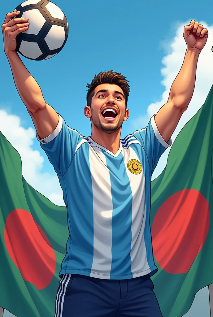A ypung man Argentina fen with a football and baground Argentina flag pluse bangladesh flag