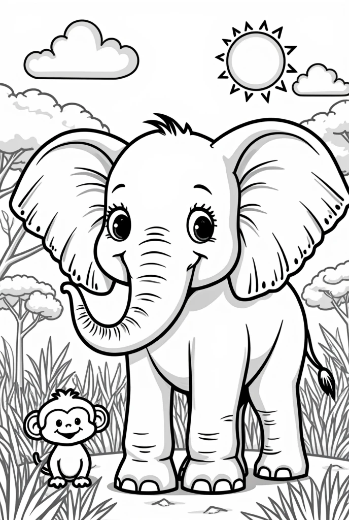 Design a coloring book page for kids featuring a friendly elephant in a lush savannah. The elephant should have large, expressive eyes and a cheerful smile, with big ears and a long, curved trunk. Add details like wrinkles on its skin and small patterns on its ears to make the coloring interesting. Surround the elephant with tall grasses, a few acacia trees, and other animals like a playful monkey or a curious bird perched on its back. Include a bright sun and a few fluffy clouds in the sky. Make sure the outlines are bold and simple, making it easy for kids to color inside the lines