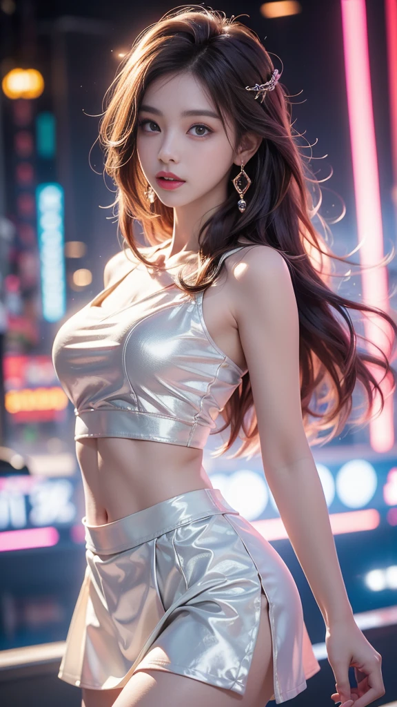 ulzzang-6500-v1.1, (RAW photo: 1.2), (Real photo), (Real photo: 1.4), 1 girl、Perfect anatomy、1、Looking at the camera、Medium length hair、dance white skirt, dancing in a lively disco, under colored lights, (( in the disco night: 1.1))、(Business service)、Asian eyes Ella,
