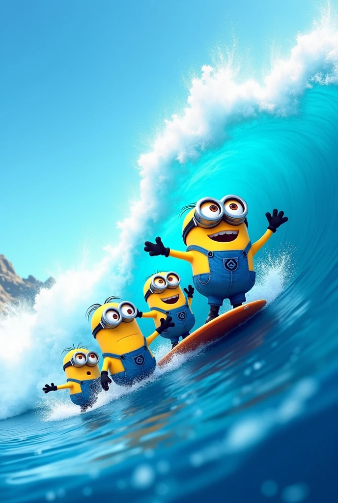 minions surfing a blue cartoon style wave and smiling from the wave