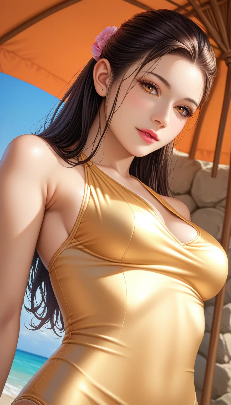 score_9, score_8_up, score_7_up, score_6_up, score_5_up, score_4_up, source_anime, rating_questionable,
a beautiful elegant japanese actress, detailed beautiful face, long black hair, gentle expression, extremely detailed and realistic skin, porcelain white skin, amazing proportions, elegant swimsuit, sunset beach, desolate sandy shore, cinematic, low angle
