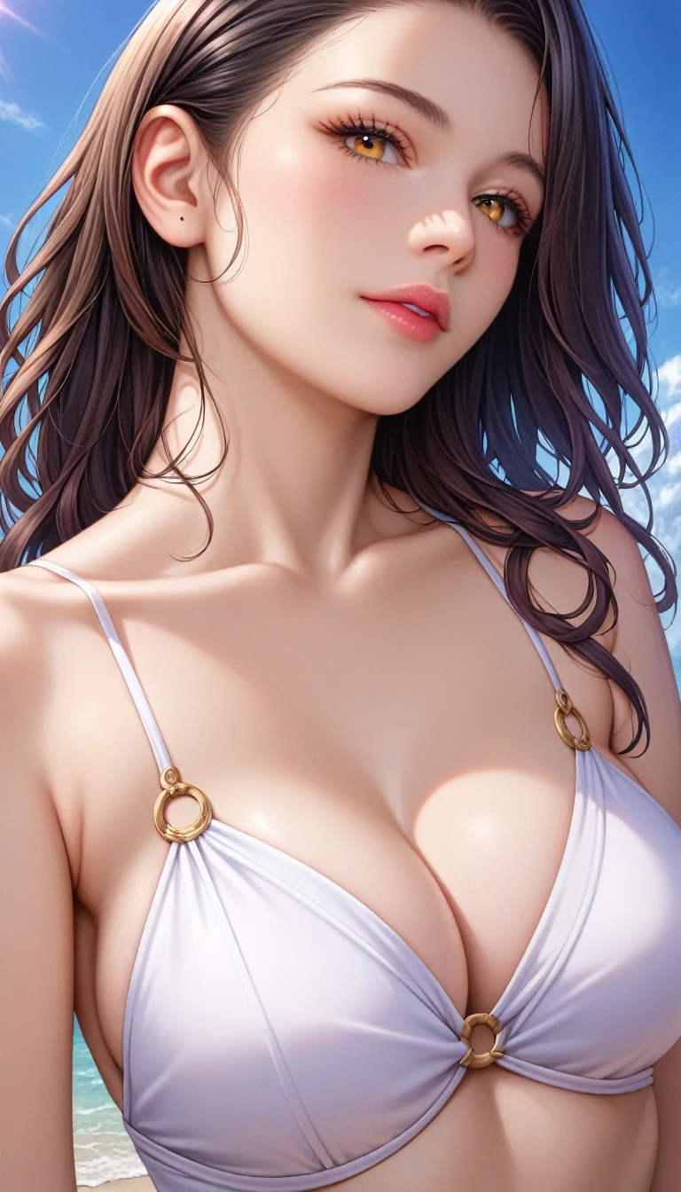 score_9, score_8_up, score_7_up, score_6_up, score_5_up, score_4_up, source_anime, rating_questionable,
a beautiful elegant japanese actress, detailed beautiful face, long black hair, gentle expression, extremely detailed and realistic skin, porcelain white skin, amazing proportions, elegant swimsuit, sunset beach, desolate sandy shore, cinematic, low angle