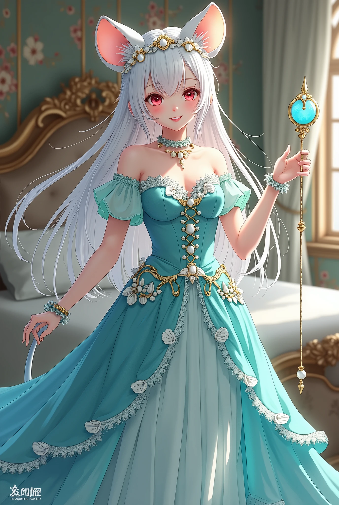 (best quality,4k,8k,highres,masterpiece:1.2), ultra-detailed, Pretty albino girl has a princess of the sea, drawn in 2D anime style, steampunk, wearing a iridescent turquoise princess gown with puffy sleeves, steampunk, gorgeous frilly dress design,flowing gown, elaborate lace details,rich textures,contrast stitching,delicate ribbon bows, seashells embroidery, full skirt with ocean wave pattern,short sleeves,fitted waistline,translucent flowing layered sleeves,lace-up back,luxurious fabrics,flawless silhouette, very long curly white hair adorned with hair accessories, red eyes, white fur, smiling, mouse ears and tail, ribboned high heels, white elbow evening gloves, pearl bracelets, tiara made of seashells, beautifully detailed lips with lipstick, long eyelashes, eyeshadow, seashell necklace, in a castle bedroom with intricate decoration and luxurious furniture, flower wallpaper, she is holding a magic staff made of seashells and pearls.