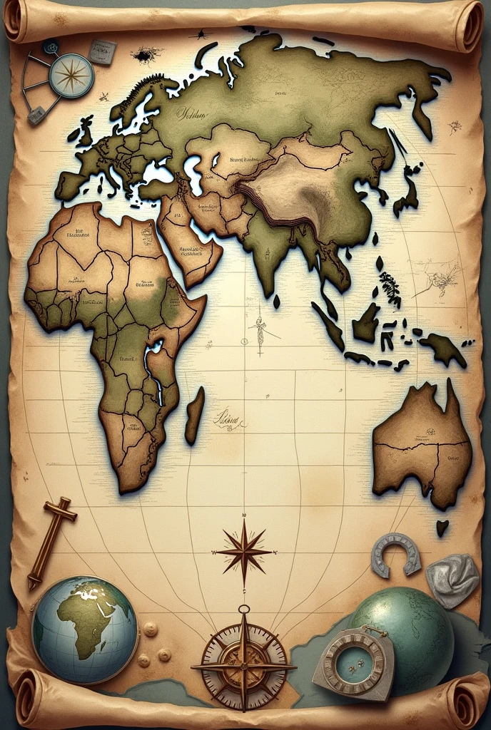An illustration of an old map with different symbols such as mountains, rivers, and roads. Navigational items such as compasses and globes can also be included..